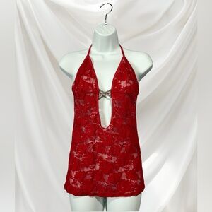 Elegant Red Lace Halter Babydoll